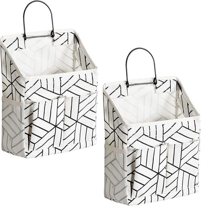 2pcs Wall Hanging Storage Bag, Small Door Closet Linen Fabric Pockets Organizer, Waterproof Multi Functional for Living Room Bedroom Bathroom Kitchen RV Camper with Hooks Pattern Whtie-NeatNest