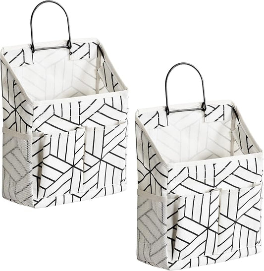 2pcs Wall Hanging Storage Bag, Small Door Closet Linen Fabric Pockets Organizer, Waterproof Multi Functional for Living Room Bedroom Bathroom Kitchen RV Camper with Hooks Pattern Whtie-NeatNest