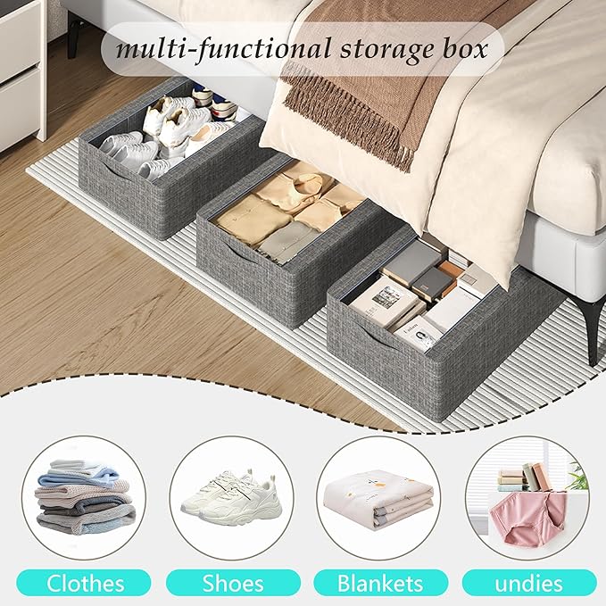 3PCS Under Bed Storage Bins with Metal Frame, Linen Fabric Frame Storage Box Clothes Organizer Bins, Underbed Container with Clear Window (Dark Grey, 23.6 x 13 x 6IN)-NeatNest