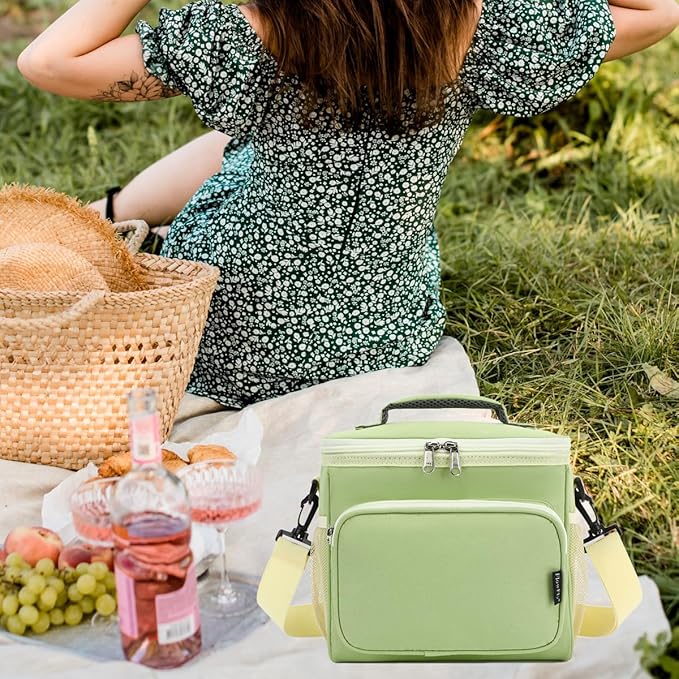 FlowFly Insulated Reusable Lunch Bag Adult Large Lunch Box for Women and Men with Adjustable Shoulder Strap,Front Zipper Pocket and Dual Large Mesh Side Pockets,Light Matcha-NeatNest
