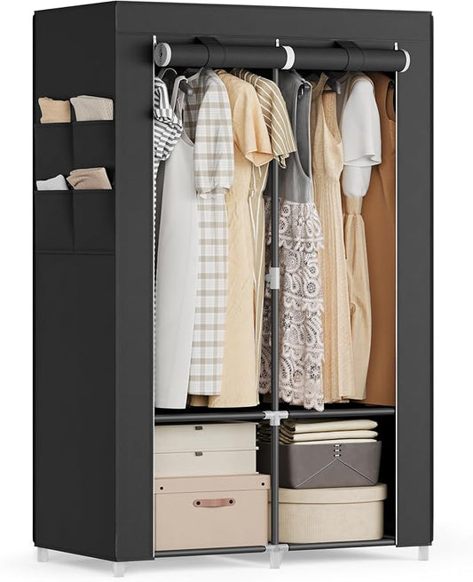 SONGMICS Portable Closet, Wardrobe Closet Organizer with Cover, 2 Hanging Rods and Shelves, 4 Side Pockets, 33.9 x 17.7 x 65.7 Inches, Large Capacity for Bedroom, Living Room, Ink Black URYG091B01-NeatNest