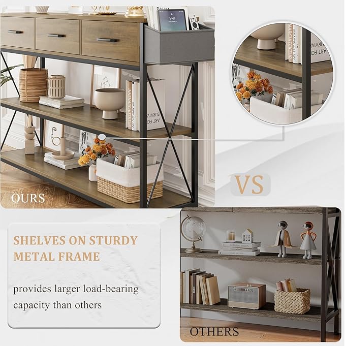 HITHOS Industrial Console Table with Drawers, Vintage Hallway Foyer Table with Storage Shelves, Narrow Long Sofa Entryway Table for Living Room, Grey-NeatNest