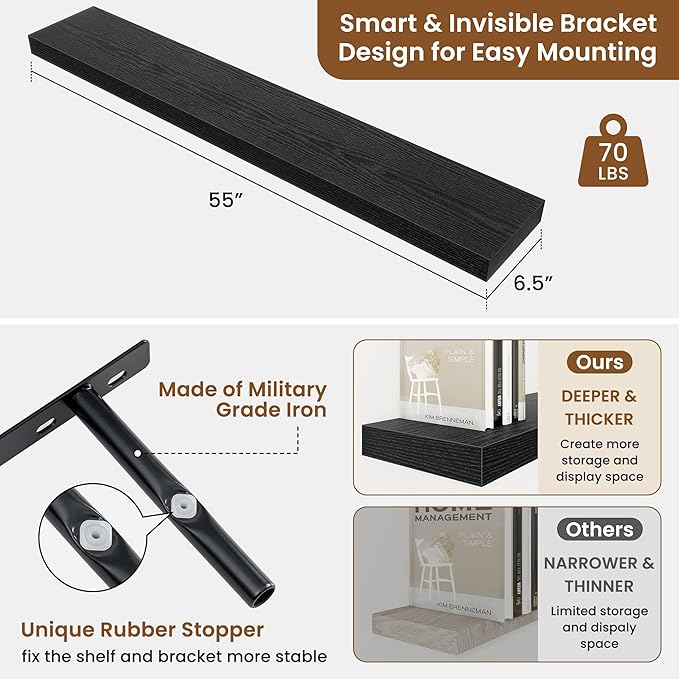 fuqing Floating Shelves for Wall, Bathroom Shelf Wall Mounted for Storage, Shelves with Invisible Bracket for Bedroom, Kitchen, Living Room, Farmhouse Small Book Shelf, 55 Inch Set of 2, Black-NeatNest