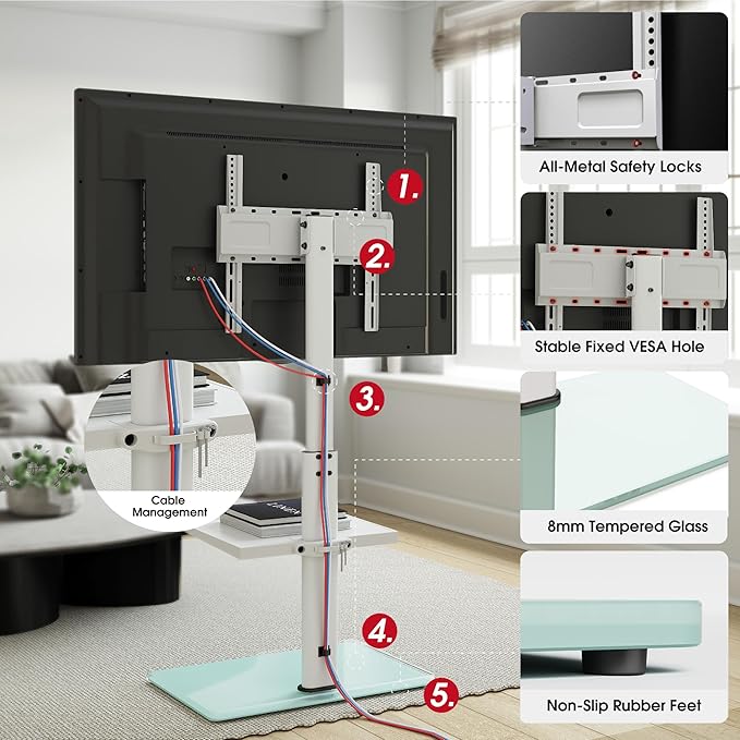 Floor TV Stand for 32-65" TVs, 60 Degree Swivel TV Base Stand with Tilting, 8 Level Height Adjustable Tall TV Mount Stand for Living Room/Bedroom, Holds up to 88 lbs, MAX VESA 400x400mm
