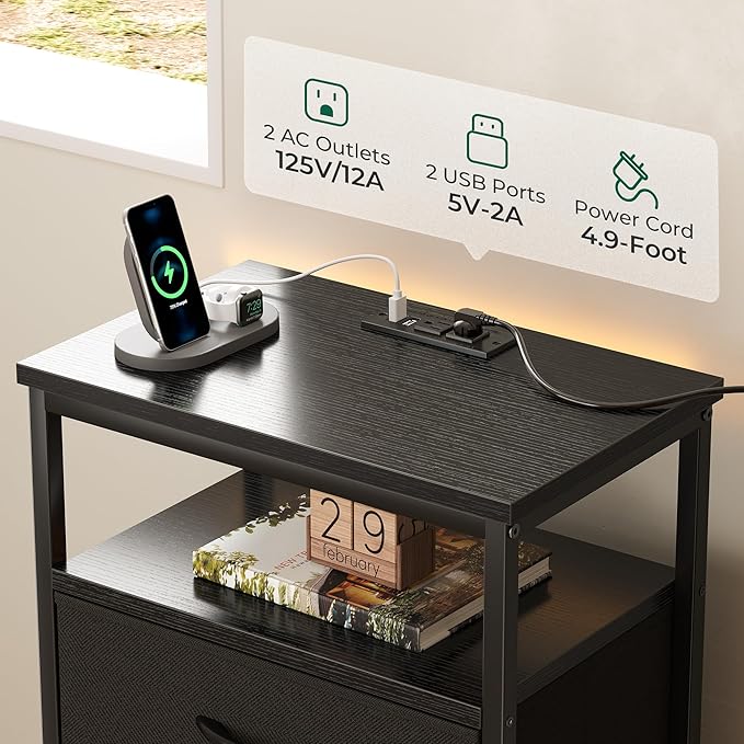Huuger Nightstands Set of 2, End Tables with Charging Station, Side Tables with Fabric Drawers, Bedside Tables with USB Ports and Outlets, Night Stands for Bedroom, Black