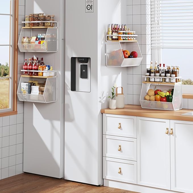 Magnetic Shelf for Fridge with Wide & Thick Magnet, 2 Pack Refrigerator Organizer Basket with Bamboo Top, Storage for Fruit, Potato, Onion, Kitchen, Pantry, Laundry (White, 13.8" x 6.8" x 11.8")