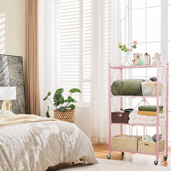 BRIAN & DANY 4-Shelf Foldable Storage Shelves with Wheels, Folding Metal Rack Shelving Unit, Heavy Duty No Assembly Organizer Shelf for Garage, Kitchen, Basement, Pantry, Pink-NeatNest