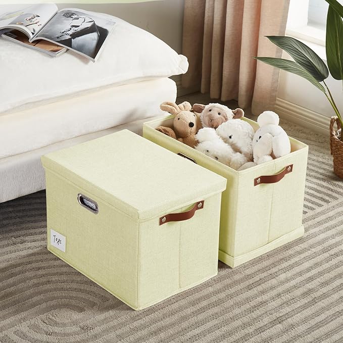 17" Large Collapsible Storage Bins with Lids, Stackable Closet Organizers with PU Handle and Labels, 3-Pack Decorative Fabric Storage Boxes for Home, Bedroom, Closet, Office, Nursery(Beige)-NeatNest