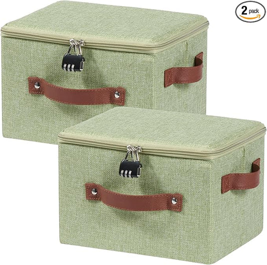2PCS Storage Bins Box with Zipper Lid Combination Lock PU Leather Handles Cotton Linen Fabric Lidded Lockable Basket Foldable Washable Closet Shelf Organizer Container (Light Green, Small)