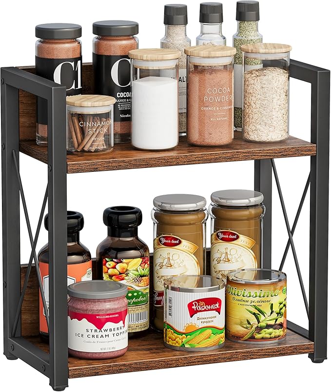 Giikin Counter Shelf Organizer, 2 Tier Kitchen Spice Rack for Countertop, Wood Coffee Counter Organizer for Home (Rustic Brown, L)-NeatNest