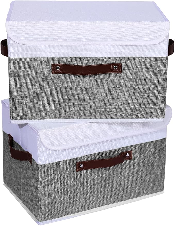 ANMINY 4PCS Storage Boxes with Lid Washable Decorative Storage Bins Basket with PU Leather Handle Foldable Linen Fabric Storage Cubes Containers for Home Closet Organizer - Gray White, Large Size-NeatNest