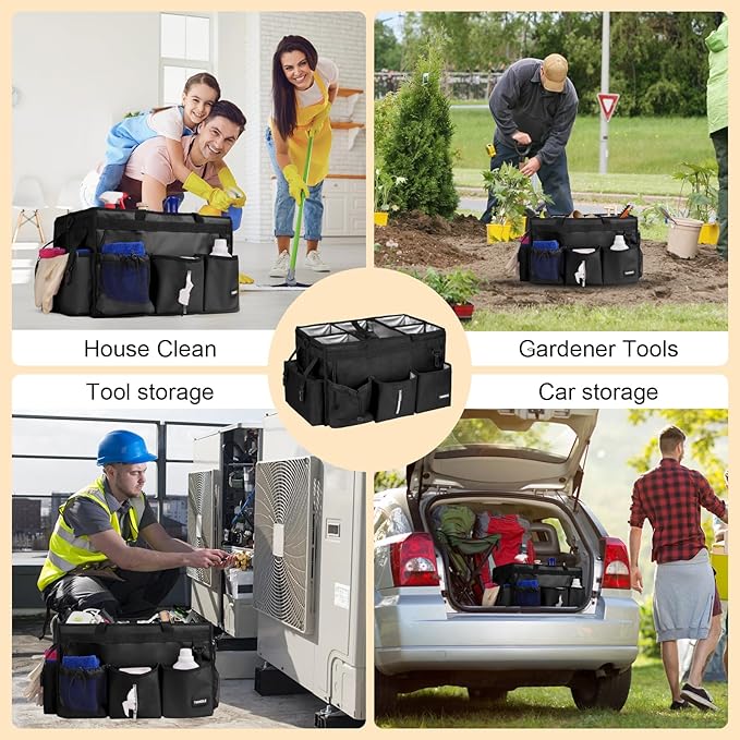 Extra Large Cleaning Caddy Bag with Built-In Support Board, Cleaning Tote Organizer with Removable Divider, Supply Carryall with Adjustable Shoulder Strap and Waist Belt for Cleaners & Housekeeper