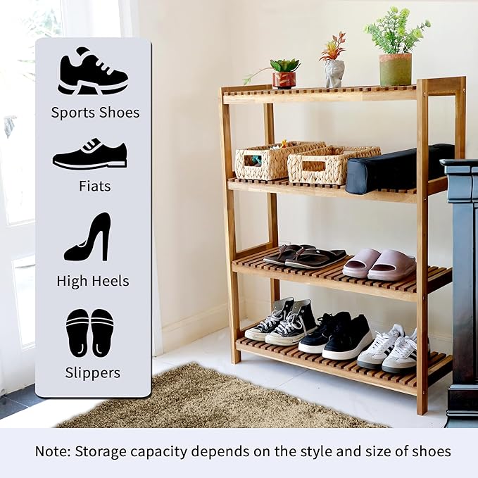 4-Tier Long Acacia Wood Shoe Rack, Wide Natural Shoe Storage Shelf for Entryway, Stackable Wooden Plant Stand Organizer for Closet, Bedroom, Kitchen, Indoor and Outdoor-NeatNest