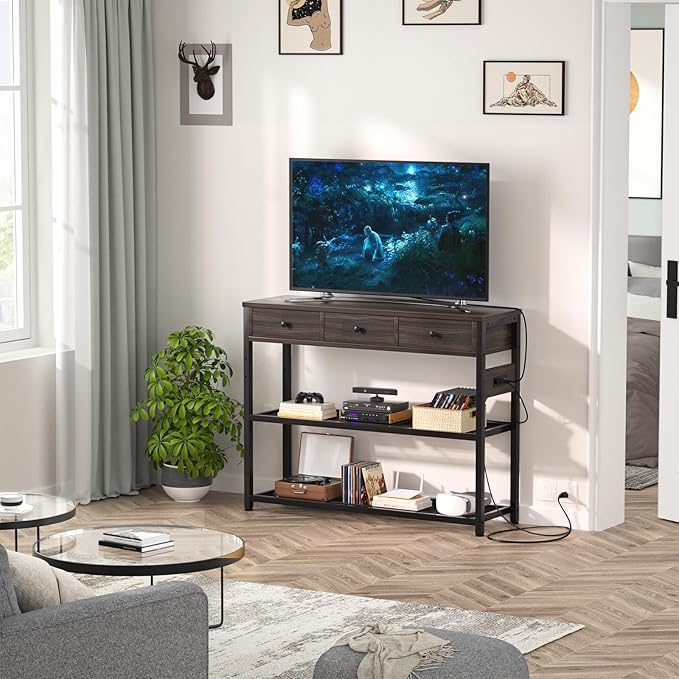 Ecoprsio 47'' Entryway Table with Outlets and USB Ports, Console Table with 3 Drawers, Sofa Table Narrow Long with Storage Shelves for Living Room, Couch, Hallway, Foyer, Black Walnut Finish-NeatNest