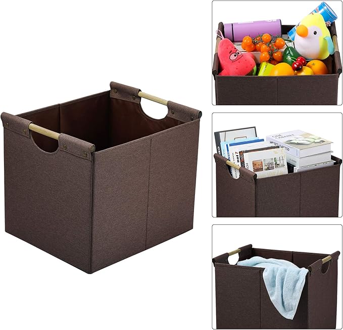 HOONEX Large Collapsible Storage Bins, Linen Fabric, 2 Pack, Storage Baskets with Wooden Carry Handles and Sturdy Heavy Cardboard, for Home, Office, Car, Nursery, Brown
