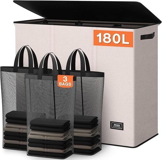 SOLEDI 180L 3-Section Laundry Hamper with Lid, Extra Large Dirty Clothes Basket with Sturdy Handles for Laundry Room & Bedroom - Durable Organizer for Sorting Laundry-NeatNest