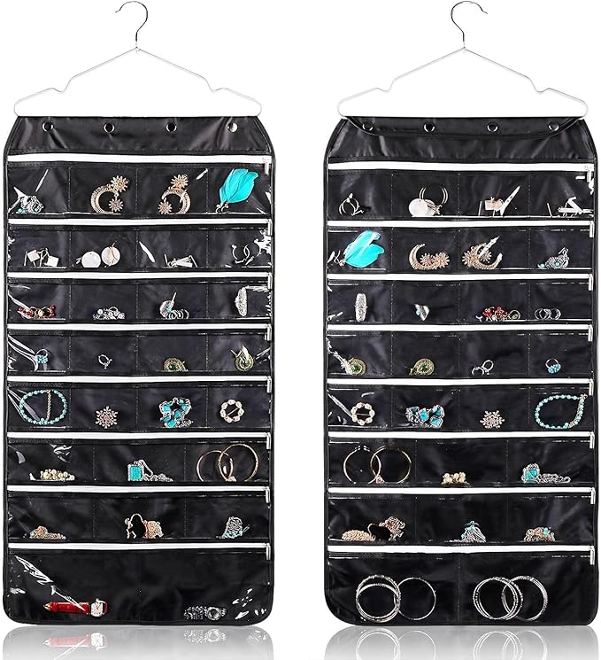 Flexzion Hanging Jewelry Organizer with Zippered Pockets - (1 Pack) Black Closet Jewelry Organizer Storage with Hanger, 56 Pockets Dual Sided Earring Organizer Hanging for Bracelets, Watches, Ring-NeatNest