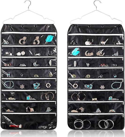 Flexzion Hanging Jewelry Organizer with Zippered Pockets - (1 Pack) Black Closet Jewelry Organizer Storage with Hanger, 56 Pockets Dual Sided Earring Organizer Hanging for Bracelets, Watches, Ring-NeatNest