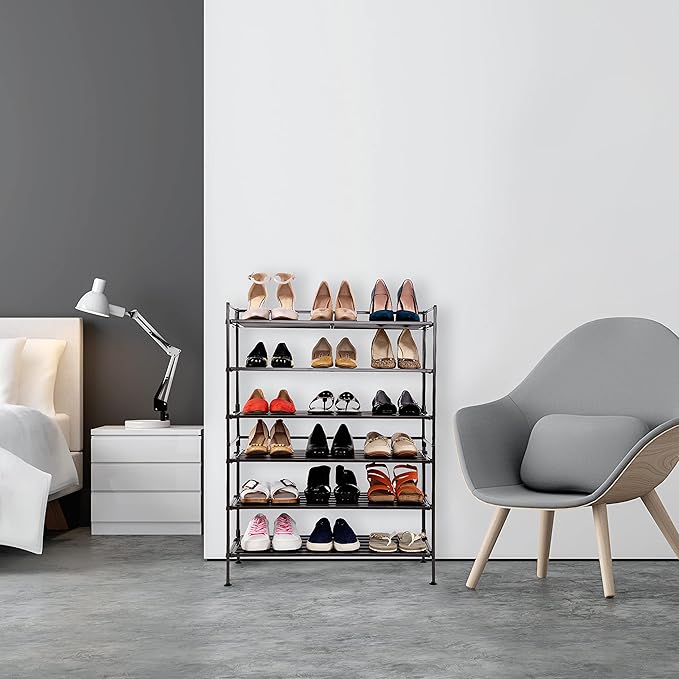 Seville Classics Sturdy Freestanding Storage Shelf for Bedroom, Closet, Entryway, Dorm Room Organizer, Stackable Durable Metal Shoe Rack, Espresso Slat, 3-Tier (2-Pack)-NeatNest