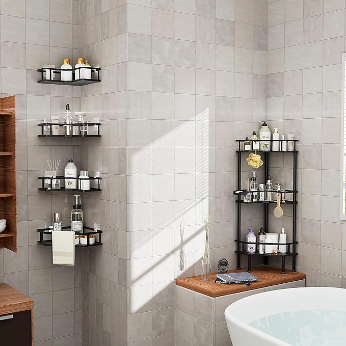 FJNATINH Corner Shower Caddy - 4-Tier Bathroom Organizer with Adjustable Feet, Heavy Duty Shower Shelf for Shampoo, Soap, Towels - Easy Install, No Drilling Required