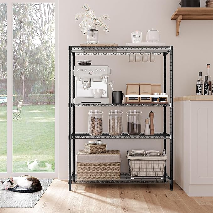 IZEUK 1400 LBS Garage Black Shelving Wide Storage Shelves 4 Tier Adjustable Heavy Duty Metal Wire Rack Standing Shelf Unit for Kitchen Office College Dorm Garage Warehouse 15.8" x 45.8"x 59.4"-NeatNest