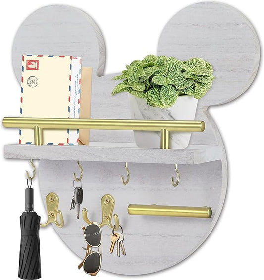 AIRPOP Disn Key Holder for Wall–Mouse Wooden Mail Organizer Wall Mount with Shelf and 6 Hooks, Easy Installation Key Rack Hanger for Entryway Living Room Home Decor(White)