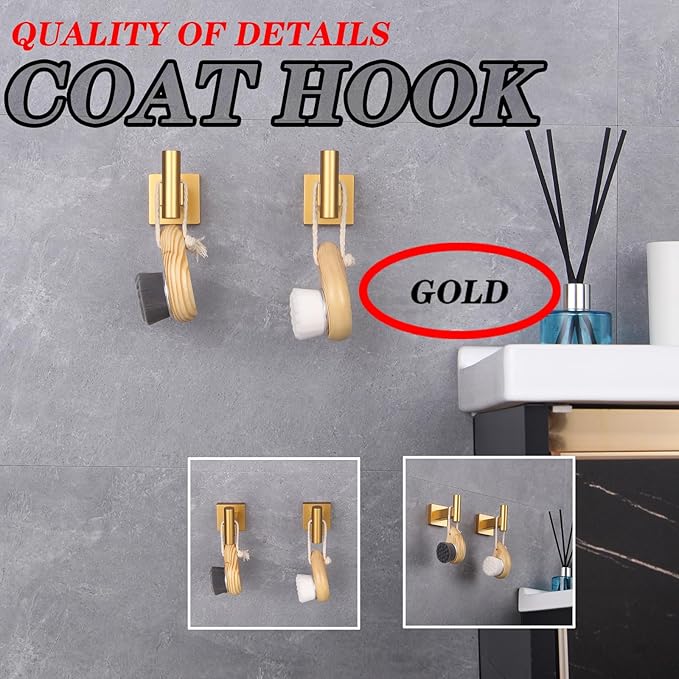 GERZWY Wall Mounted Towel Hook Heavy Duty Robe Coat Hook Luxury Hooks for Bathroom 2 Pack Gold Stainless Steel DG1407-BE