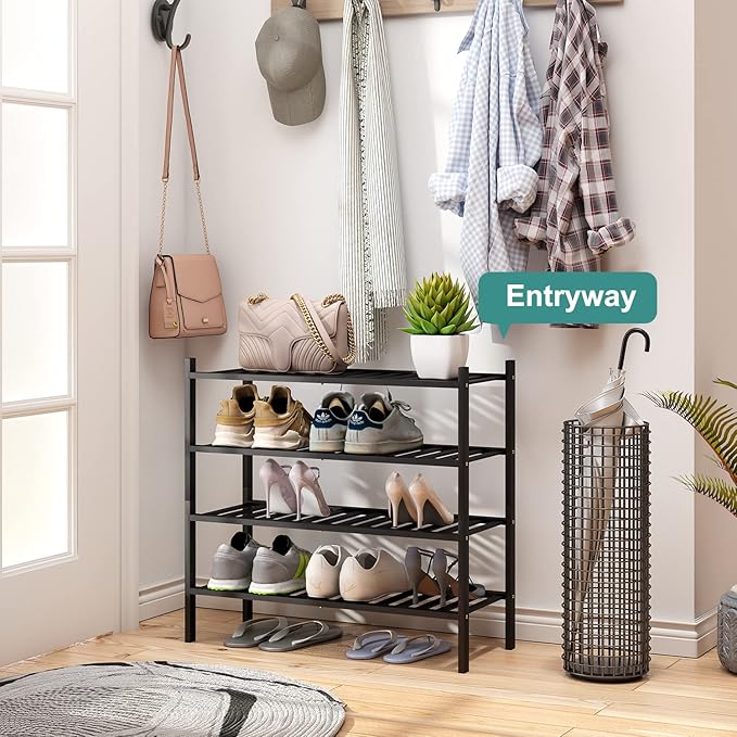4-Tier Black Bamboo Shoe Rack for Entryway, Stackable | Foldable | Natural, Shoe Organizer for Hallway Closet, Free Standing Shoe Racks for Indoor Outdoor-NeatNest