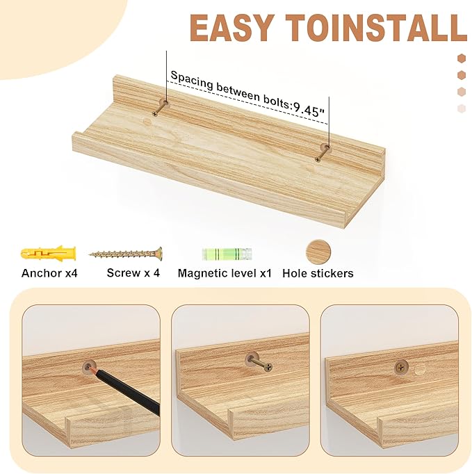 Floating Shelves Wall Mounted Set of 2,Wall Shelves for Decor Storage 15.7 Inch, Wall Mounted Wood Shelves for Bedroom, Living Room, Bathroom, Kitchen, Office, Natural-NeatNest