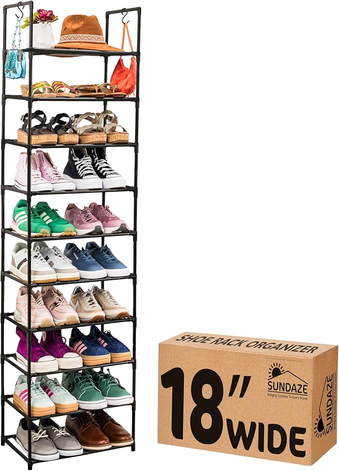 Sundaze Shoe Rack - 10 Tier Tall Shoe Rack for Closet, Sturdy Stackable Shoe Organizer for Closet, Bedroom, Entryway, Garage, Non Woven Fabric Shelf, Black, Holds 20-30 Pairs-NeatNest