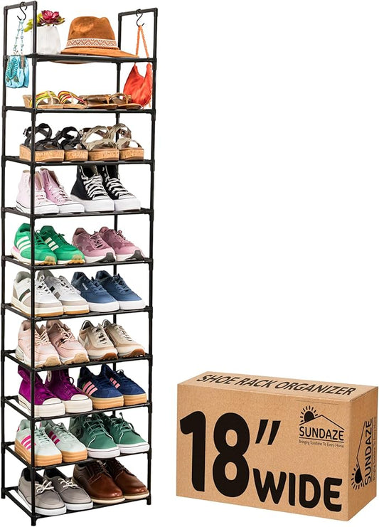 Sundaze Shoe Rack - 10 Tier Tall Shoe Rack for Closet, Sturdy Stackable Shoe Organizer for Closet, Bedroom, Entryway, Garage, Non Woven Fabric Shelf, Black, Holds 20-30 Pairs-NeatNest