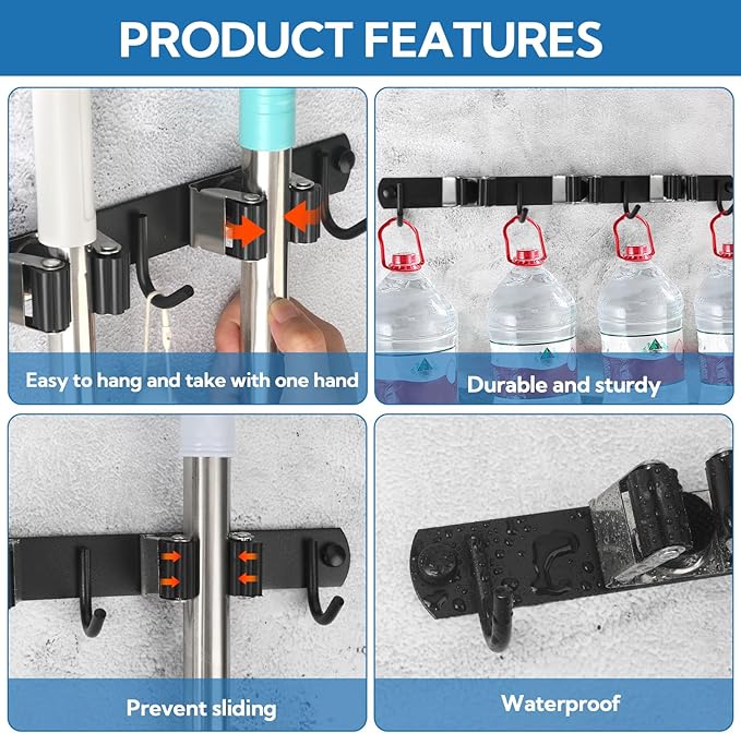 3 Pack Black Mop and Broom Holder Wall Mount Self Adhesive 3 Racks with 4 Hooks Broom Organizer Wall Mount Stainless Steel Broom Hanger for Home Kitchen Garden Laundry Garage Organization Storage