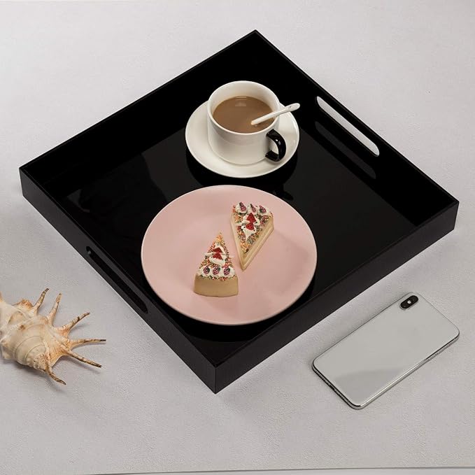 Glossy Black Acrylic Serving Tray - 14x14Inch, Multipurpose, Sturdy, Modern Style, Spill Proof, Countertop Organizer, Vanity Table Tray-NeatNest