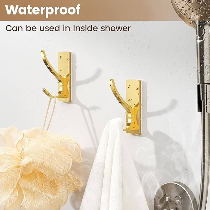 Gold Self Adhesive Towel Hooks, Extra Sticky and Strong 10LB, Stainless Hook for Bathroom, 4 Pack