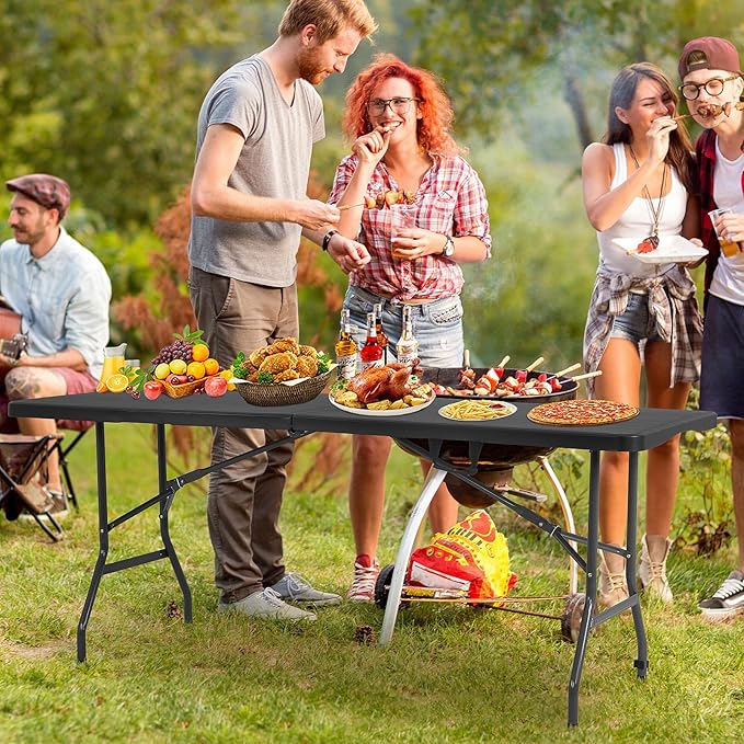 6ft Folding Table, Heavy Duty Foldable Table with Handle, Portable Fold-in-Half Utility Tables for Indoor & Outdoor Use Perfect for Camping BBQ Party Wedding Market Events, Black-NeatNest