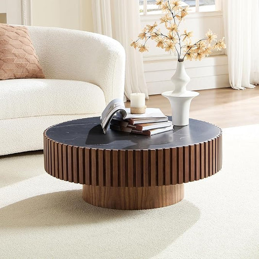 35.43'' Round Coffee Table Wood Circle Coffee Table with Marble Top Pedestal Center Table Fluted Accent Tea Table for Living Room Apartment Office Walnut