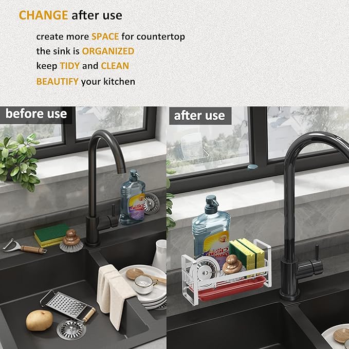 Kitchen Countertop Dish Soap Holder, Sponge Organizer, Basket for Cleaning and Scrub Tool, Kitchen Sink Brush Caddy Holder, Stainless Steel Rust Proof,Red+Silver