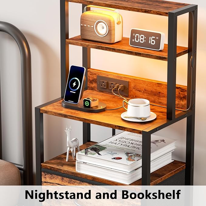Furnulem Night Stand, Tall Nightstand with 4-Tier Shelves and 3 Fabric Drawers, LED Bed Side Tables with Charging Station, Bedside Table for Bedroom, Hallway, Office, Rustic Brown
