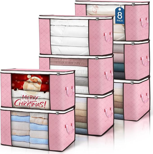 90 L Large Storage Bags, 8 Pack Clothes Storage Bins Foldable Closet Organizer Storage Containers with Durable Handle Storage and Organization, Blanket, Comforters, Bed Sheets, Pillows and Toys (Pink)-NeatNest