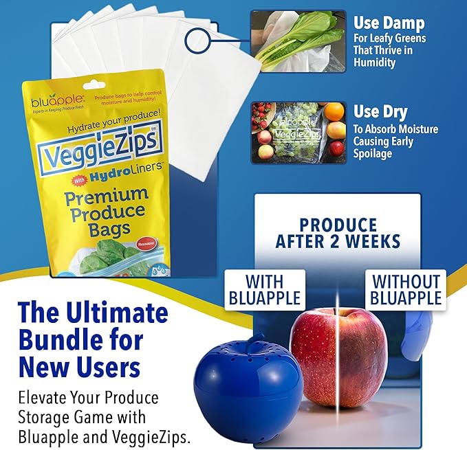 Bluapple Produce Saver Ethylene Gas Absorber & VeggieZips Ultimate Starter Pack Bundle - Fresh Vegetables & Fruits Saver, Produce Storage, Fruits & Veggies Keepers for Refrigerator, Regulates Humidity-NeatNest