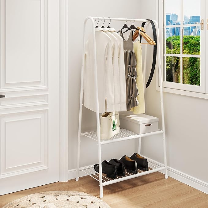 Buzowruil Metal Small Clothes Rack,Clothing Garment Rack with Double Layer Shelf for Clothes,Dress, Shoes,White-NeatNest