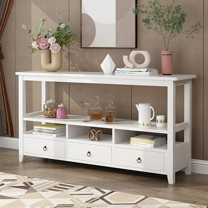 Karl home Console Table with 3 Bottom Drawers, 57.9" W Sofa Side Table Entryway Desk with 3 Storage Cubbies 1 Open Shelf, Vintage TV Stand for Hallway Living Room Office, White 29.9" H-NeatNest