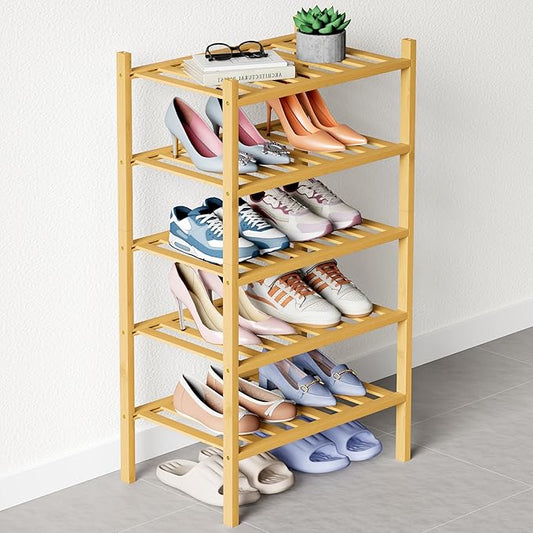 Smiry Bamboo Shoe Rack for Closet, 5 Tier Small Wooden Stackable Shoe Organizer, Free Standing Shoes Storage Shelf for Entryway, Front Door Entrance, Natural-NeatNest