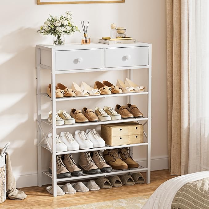 Shoe Rack for Entryway, 5 Tier Shoe Organizer with 2 Non-Woven Drawers, Metal Storage Shoe Shelf for 16-20 Pairs of Shoes, with Wooden Top and Steel Frame, Shoe Stand for Closet Greige-NeatNest