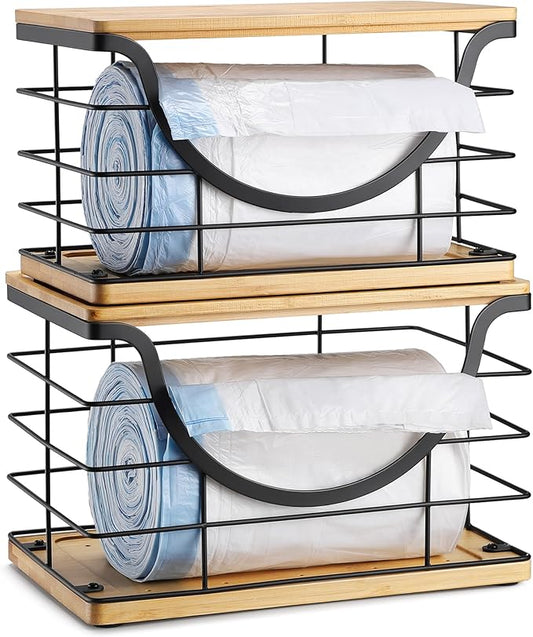 Extra Large Trash Bag Holder Stackable Kitchen Storage, 2 Pack Wall Mounted Pantry Organizers and Storage with Bamboo Top, Garbage Bag Dispenser Under Sink for Laundry Room and Kitchen-NeatNest
