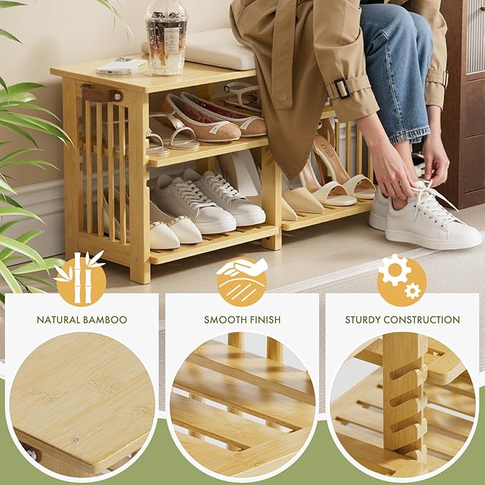 Amazer Bamboo Shoe Rack Bench, 3-Tier Shoe Bench Height Adjustable, Entry Bench with Side Storage Strap, Shoes Organizer Storage Bench, Shoe Shelf with Seat Cushion for Entryway, Living Room, Hallway-NeatNest