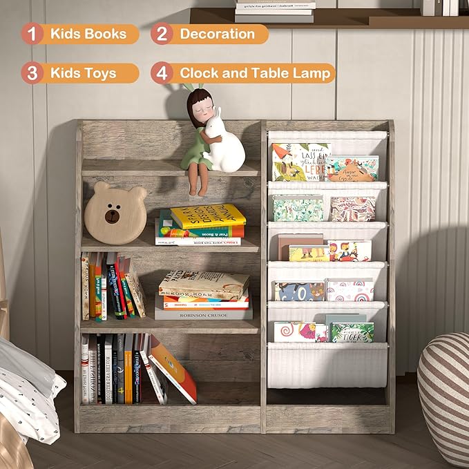 4 Tier Kid Bookshelf Wooden 5 Sling Children Bookcase Toddler Montessori Bookcase Book Rack Display Toy Storage Organizer Book Display Shelf Stand Classroom Bedroom Nursery Playroom (Grey Wood)