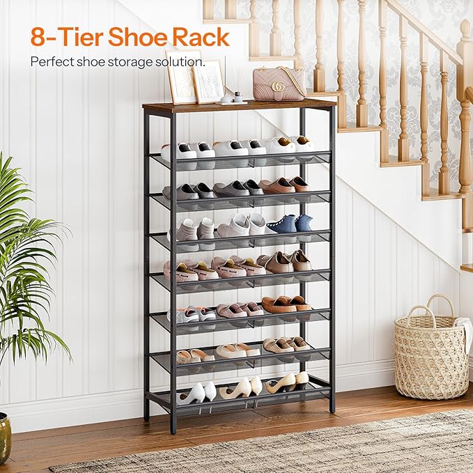 HOOBRO 8-Tier Shoe Rack, 29.5"L Shoe Shelf, Large Capacity Shoe Storage Organizer for 21-24 Pairs of Shoes, Front Door Entrance, Entryway, Hallway, Closet, Space Saver, Rustic Brown and Black BF18XJ01-NeatNest