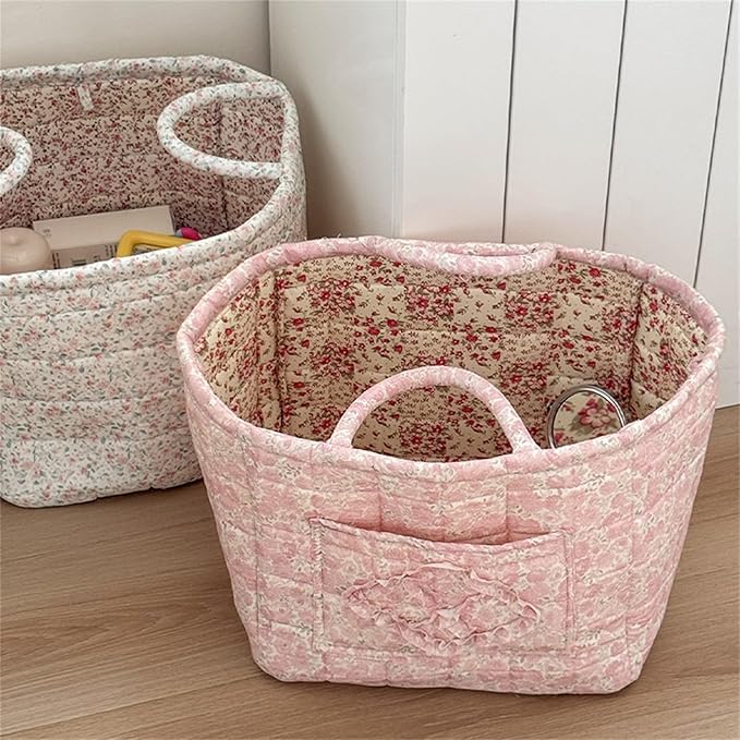 Boho Fabric Storage Basket Quilted Floral Print Baskets Organizer Bin with Handles for Home, Picnic, Shopping (Pink, L)-NeatNest