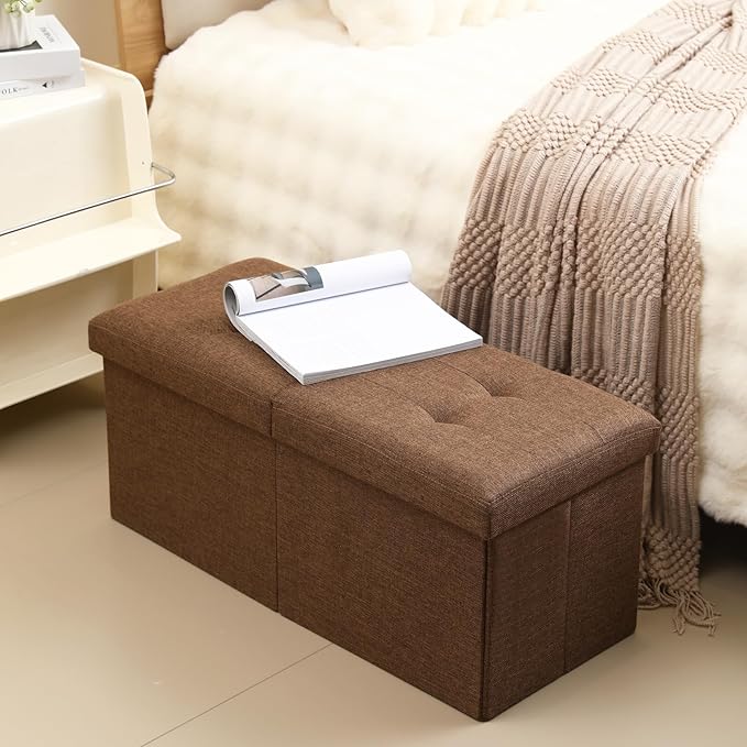 CUYOCA Storage Ottoman Bench Foldable Seat Footrest Shoe Bench End of Bed Storage with Flipping Lid, 75L Storage Space, 30 inches Linen Fabric Brown-NeatNest